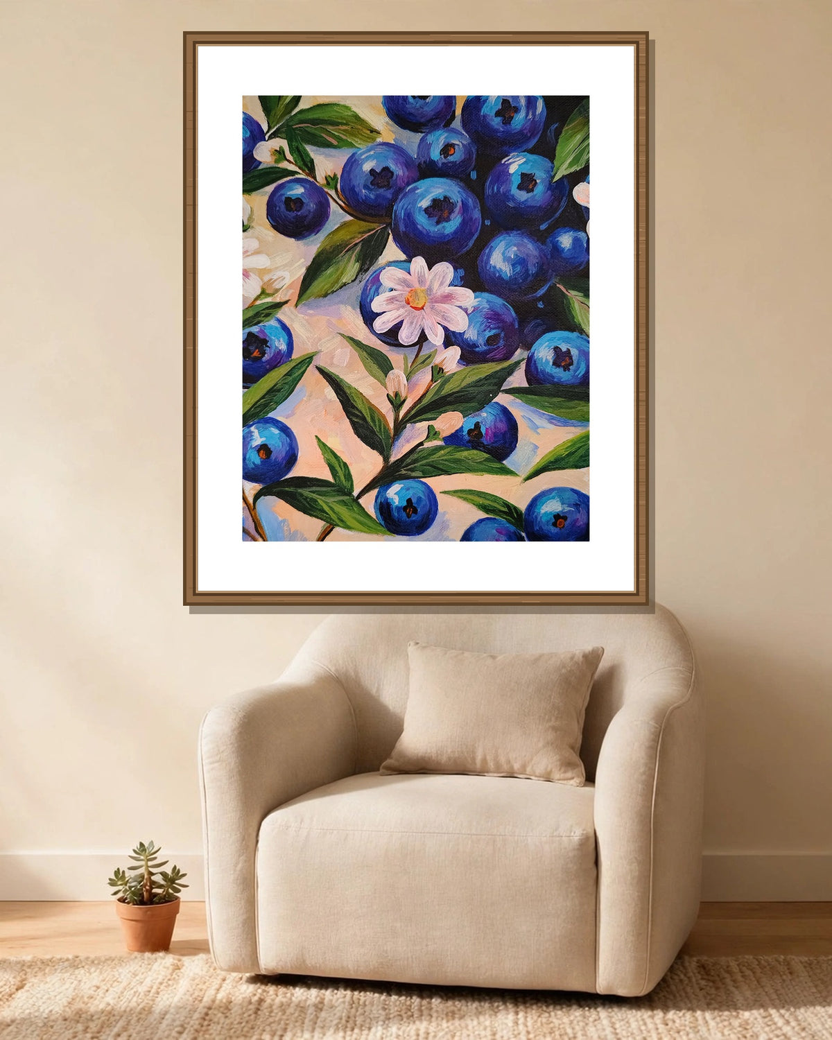 Blueberries & Blossom framed print styled in a cozy reading corner — frame not included