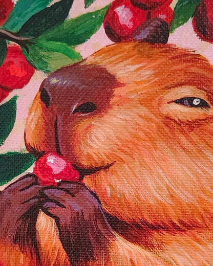 Detail close-up of the Capybara & Cranberries artwork