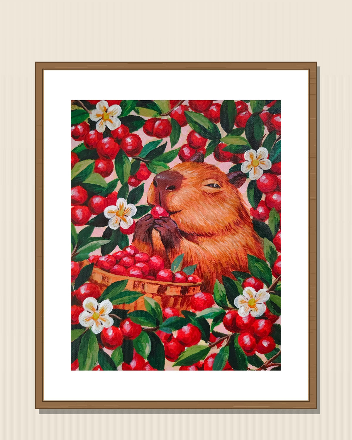 Capybara & Cranberries shown in a natural wood frame for display inspiration — frame not included