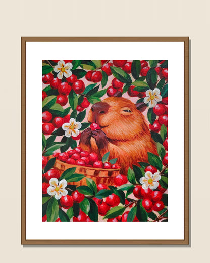 Capybara & Cranberries shown in a natural wood frame for display inspiration — frame not included