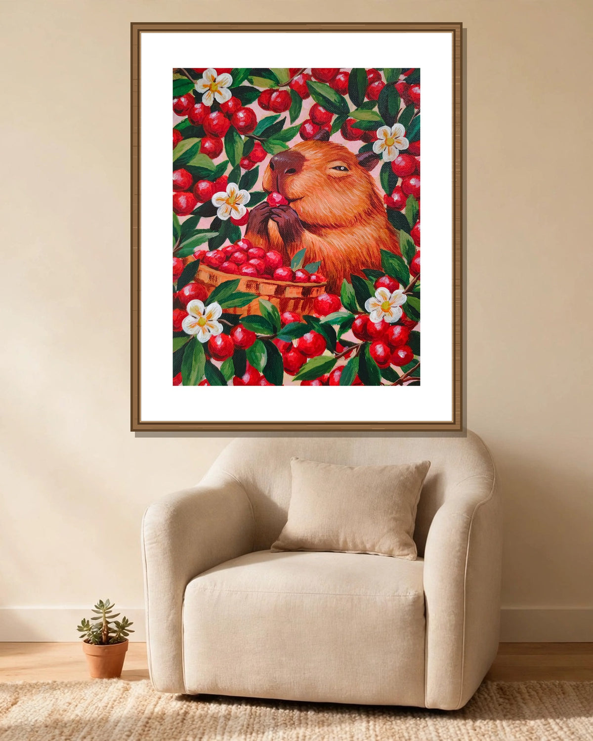 Capybara & Cranberries framed print styled in a cozy reading corner — frame not included