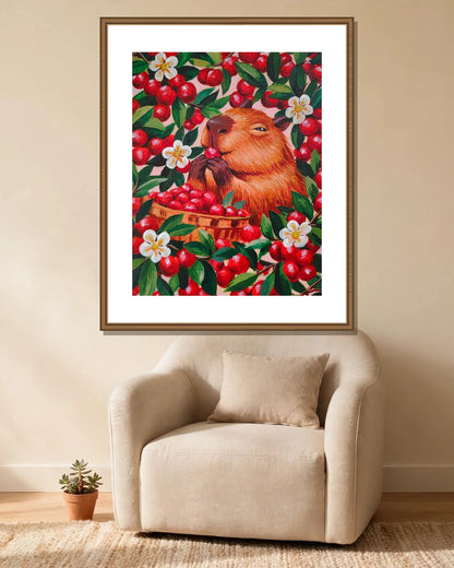 Capybara & Cranberries framed print styled in a cozy reading corner — frame not included