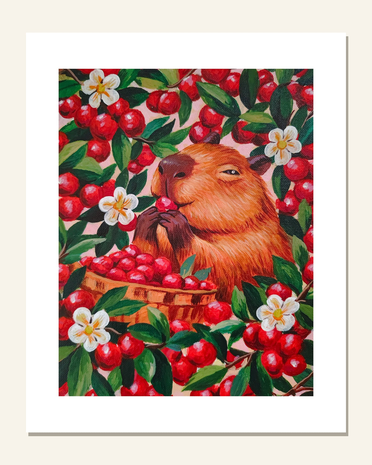 Capybara & Cranberries — unframed 8 × 10 art print with white border, exactly as it arrives