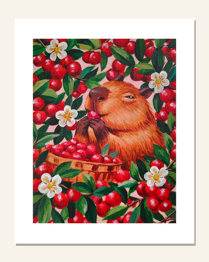 Capybara & Cranberries — unframed 8 × 10 art print with white border, exactly as it arrives
