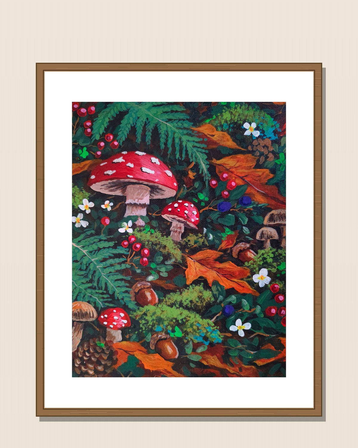 Forest Floor Mushrooms shown in a natural wood frame for display inspiration — frame not included