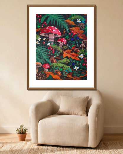 Forest Floor Mushrooms framed print styled in a cozy reading corner — frame not included