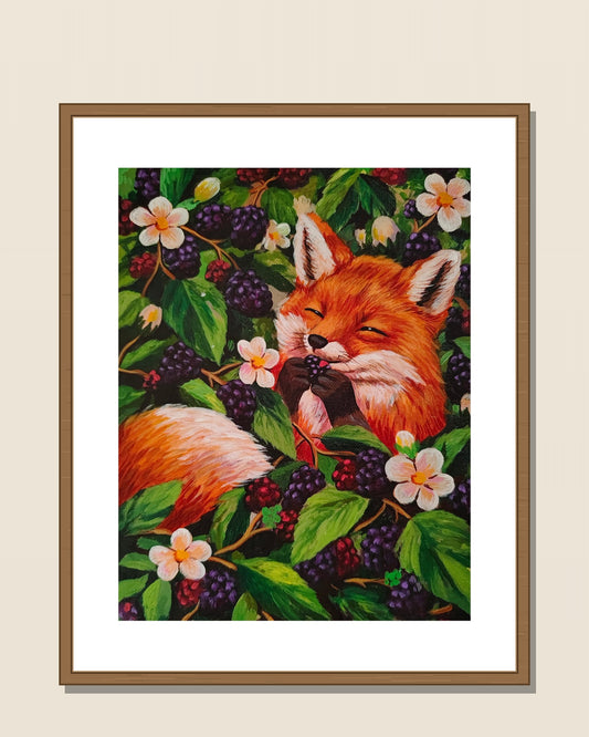 Fox & Blackberries shown in a natural wood frame for display inspiration — frame not included