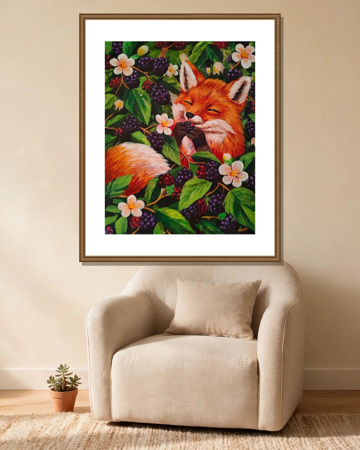 Fox & Blackberries framed print styled in a cozy reading corner — frame not included