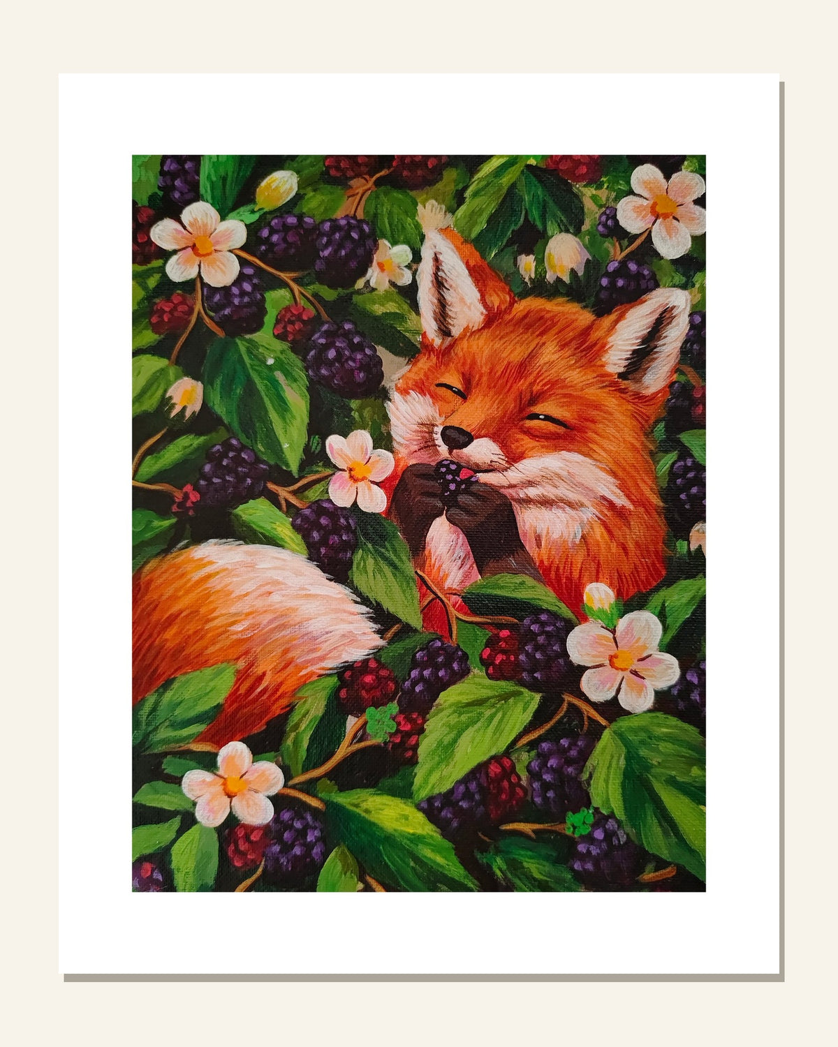 Fox & Blackberries — unframed 8 × 10 art print with white border, exactly as it arrives
