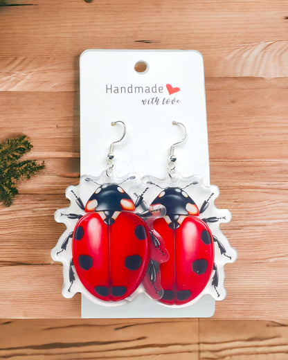 Ladybug fun acrylic earrings, funky weird earrings, quirky earrings, cool funny earrings, gift for her, birthday gift,  Christmas stocking stuffer