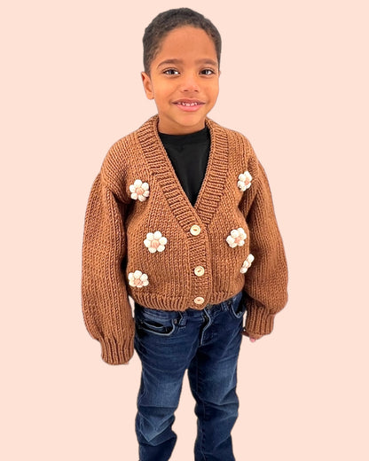 Kids Cardigan Sweater Daisy flowers unisex neutral  colors handmade knitted artisan kids clothes