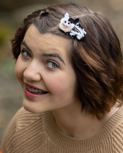 Cow Trendy Girls' Gifts : Crochet Hair Clips . Barrettes for Teens, Granddaughters, Newborn Girl Outfits, with Embroidery Designs