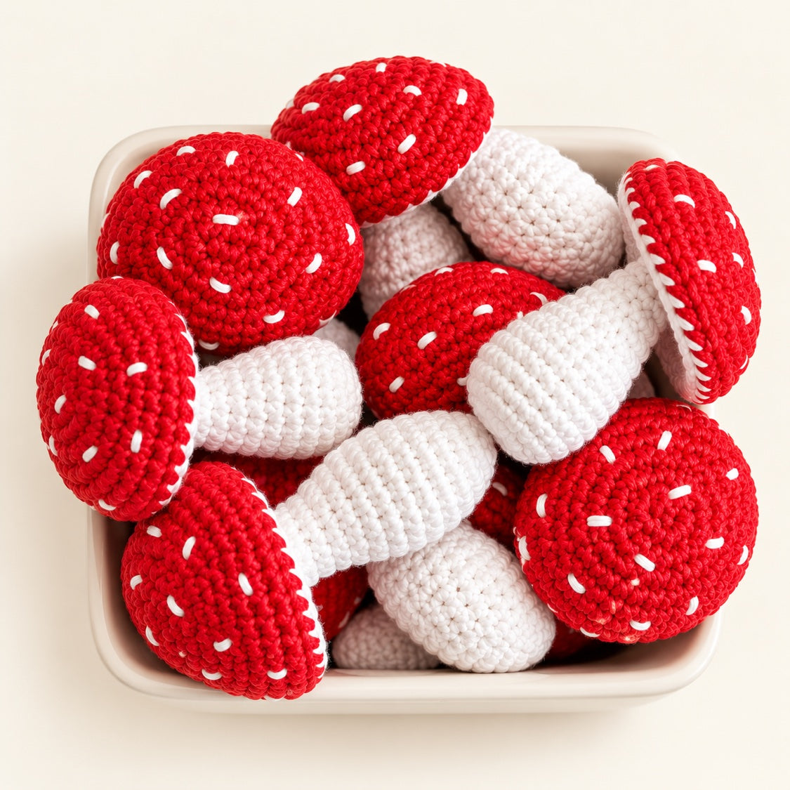 Red and white crochet mushrooms
