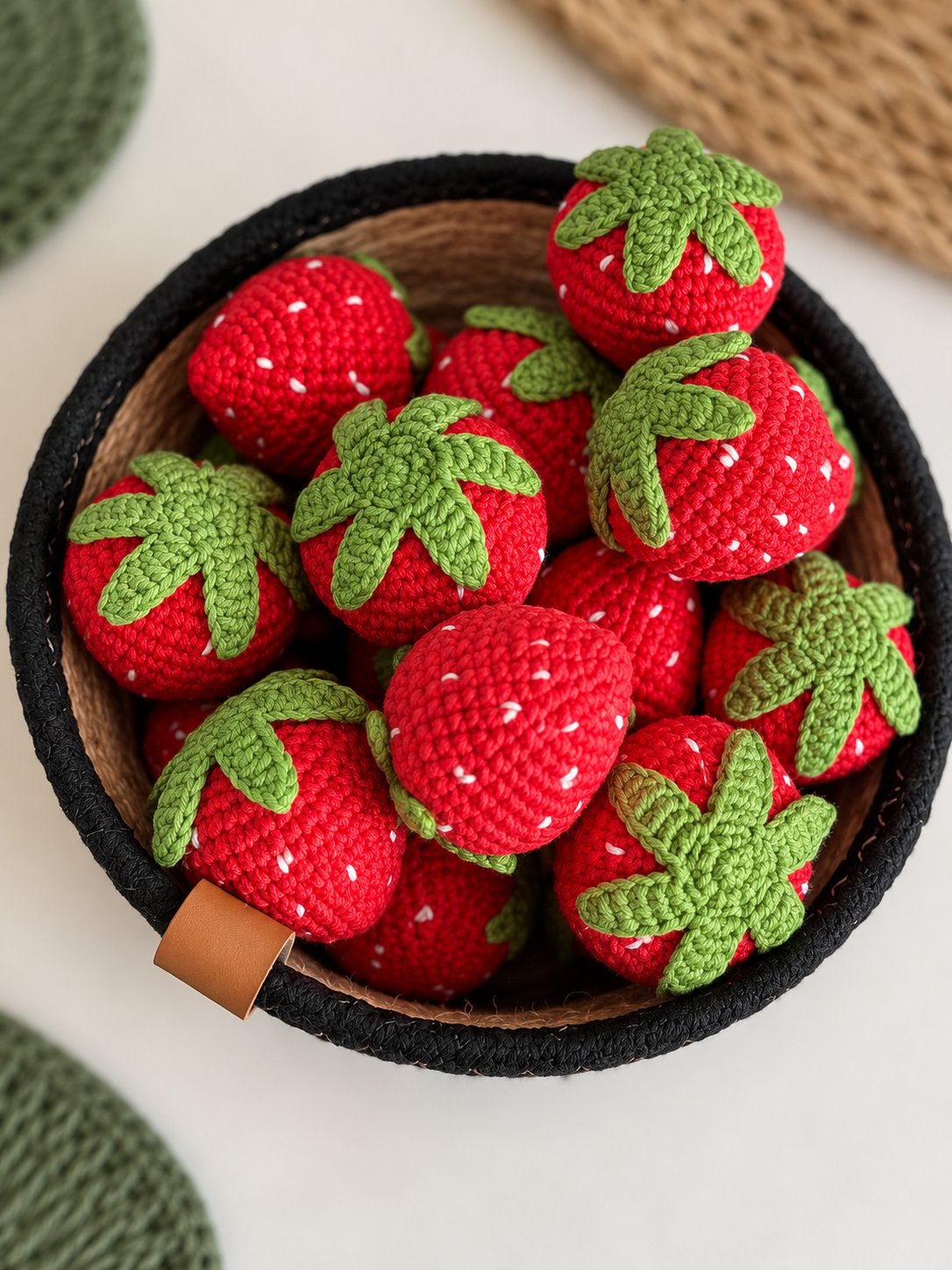 Crochet strawberry minis with green tops in a woven basket