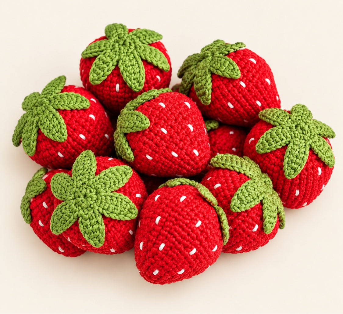 Red crochet strawberries with green tops