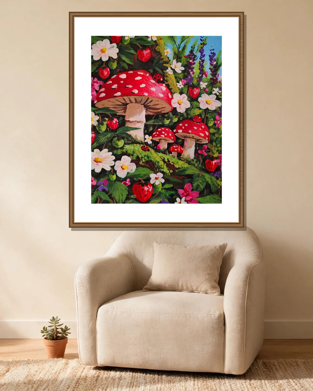 The Berry Patch framed print styled in a cozy reading corner — frame not included