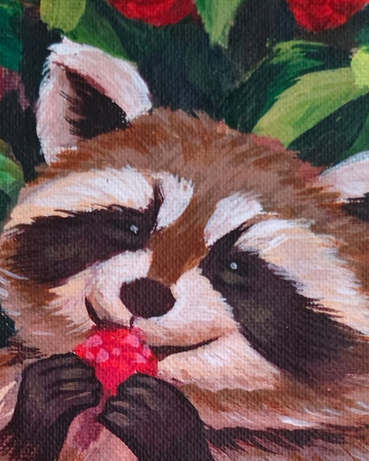 Detail close-up of the Raccoon & Raspberries artwork