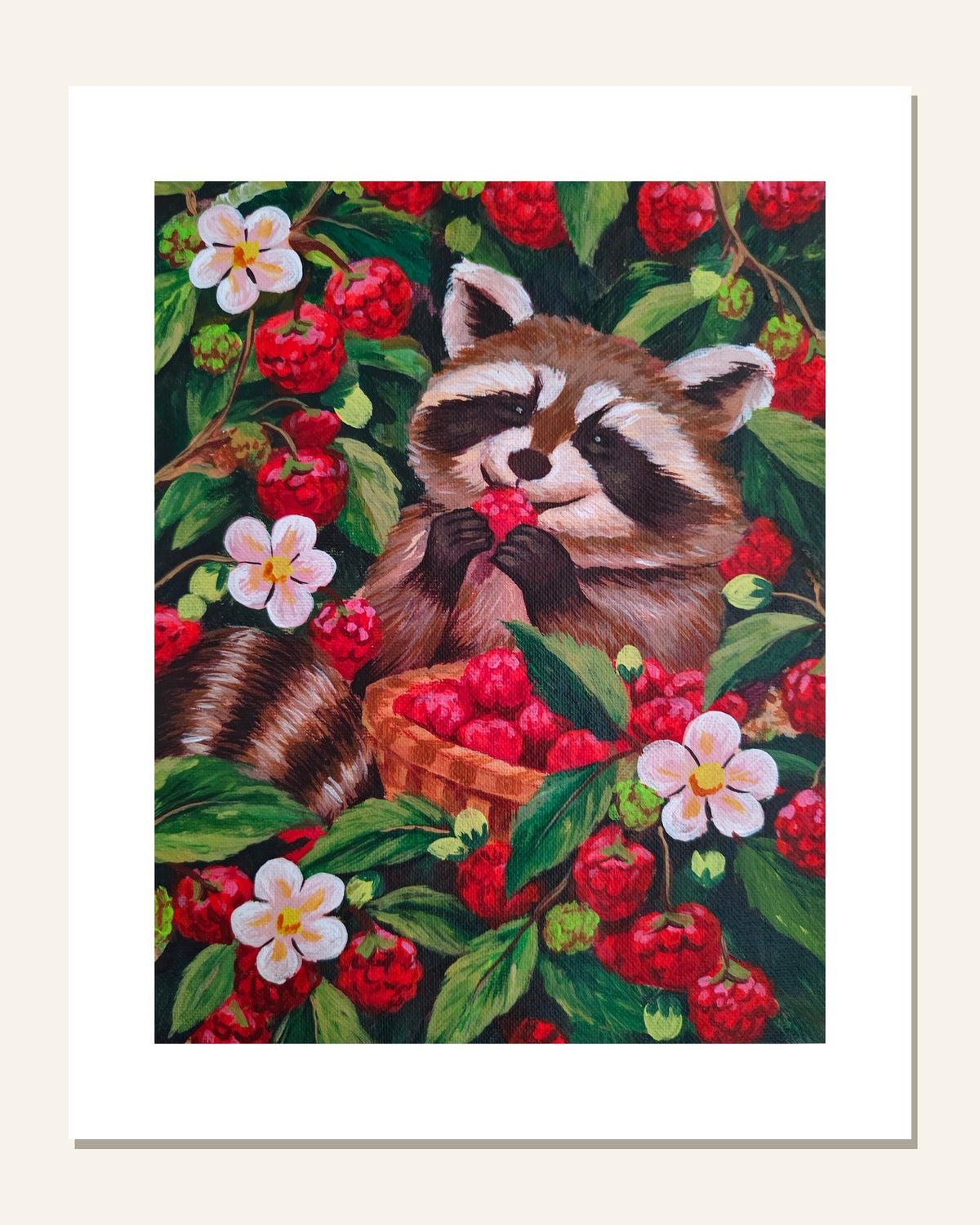 Raccoon & Raspberries — unframed 8 × 10 art print with white border, exactly as it arrives