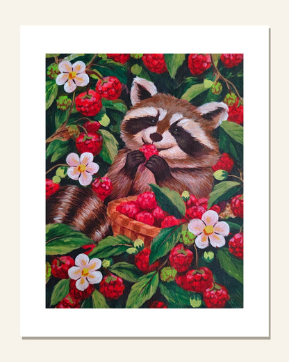 Raccoon & Raspberries — unframed 8 × 10 art print with white border, exactly as it arrives