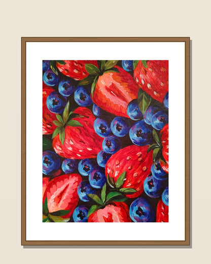 Strawberries & Blueberries shown in a natural wood frame for display inspiration — frame not included