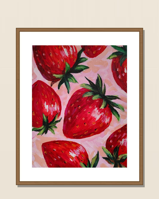 Strawberries on Pink shown in a natural wood frame for display inspiration — frame not included