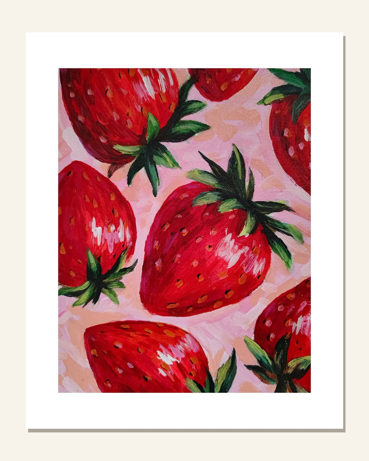 Strawberries on Pink — unframed 8 × 10 art print with white border, exactly as it arrives