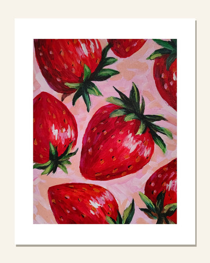 Strawberries on Pink — unframed 8 × 10 art print with white border, exactly as it arrives