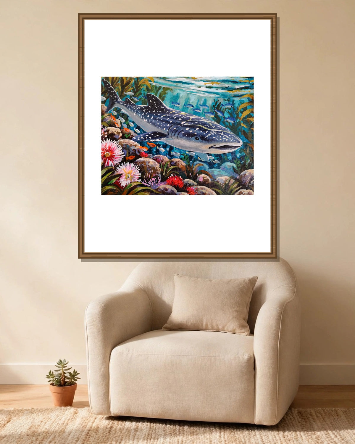 Whale Shark Reef framed print styled in a cozy reading corner — frame not included