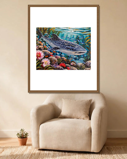 Whale Shark Reef framed print styled in a cozy reading corner — frame not included