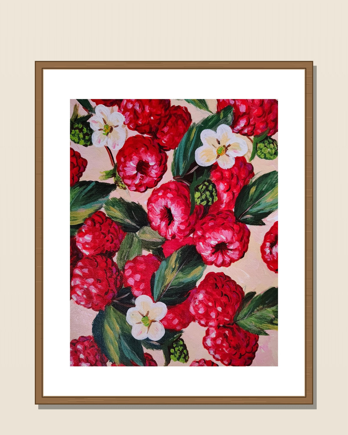 Wild Raspberries shown in a natural wood frame for display inspiration — frame not included