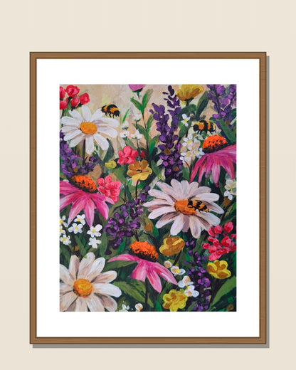 Wildflower Meadow shown in a natural wood frame for display inspiration — frame not included