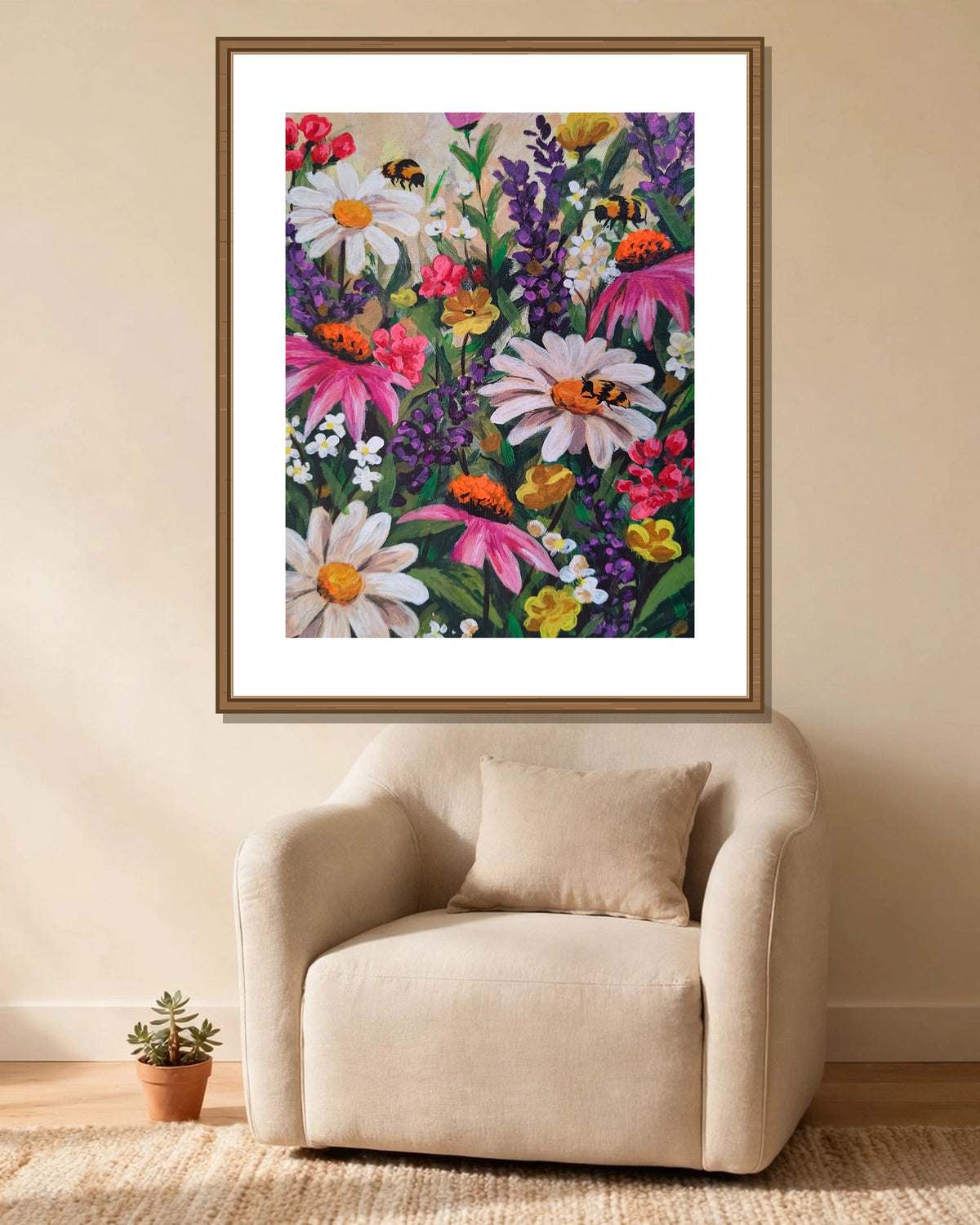 Wildflower Meadow framed print styled in a cozy reading corner — frame not included