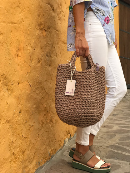 Scandinavian Style Handmade Crochet Tote Bag with Short Hands Taupe