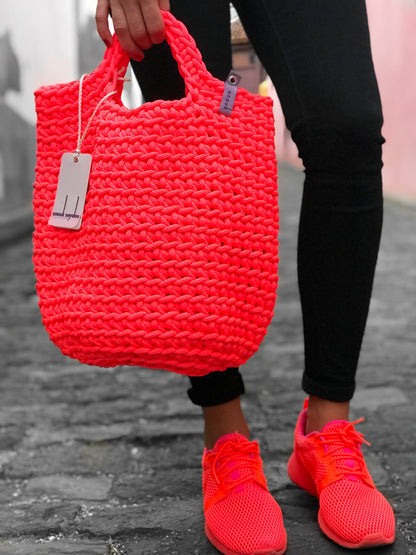 Scandinavian Style Handmade Crochet Bag Neon Orange Short Handles