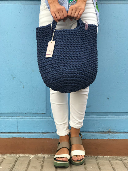 Scandivanian Style Handmade Crochet Tote Bag Navy Blue Short Handles
