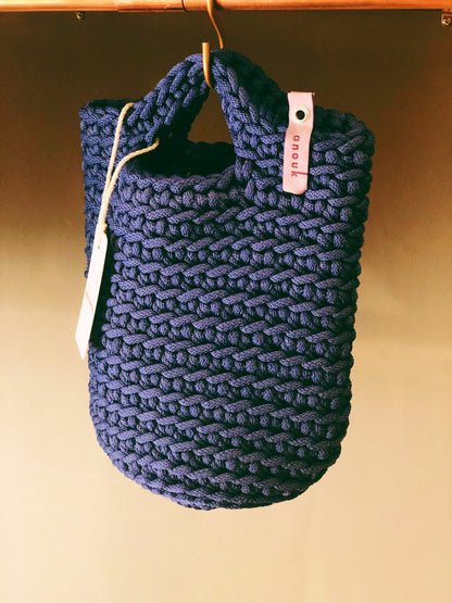 Scandivanian Style Handmade Crochet Tote Bag Navy Blue Short Handles