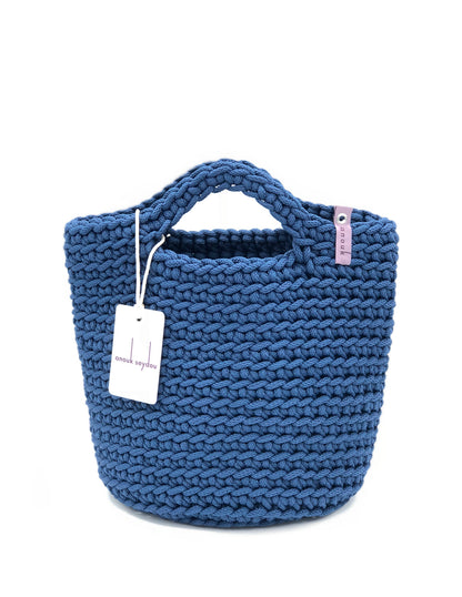 Scandivanian Style Handmade Crochet Tote Bag Navy Blue Short Handles