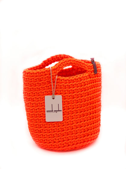 Scandinavian Style Handmade Crochet Bag Neon Orange Short Handles