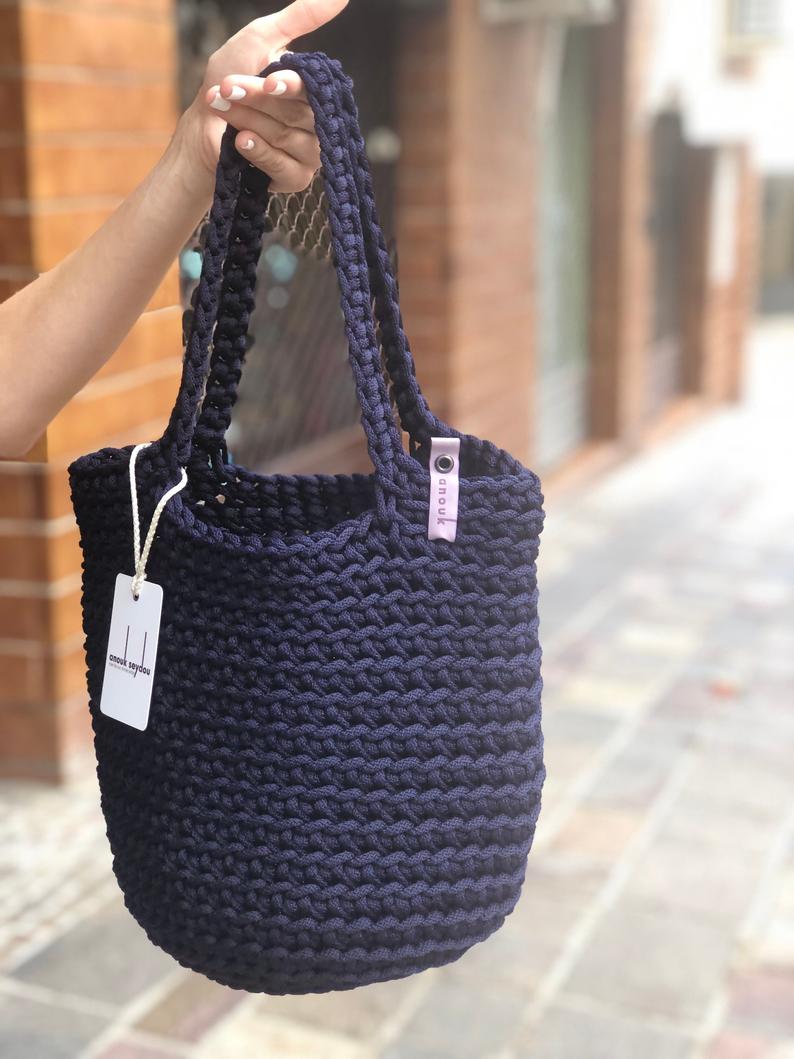 Scandinavian Style Handmade Crochet Tote Bag Long Handles Oxford Blue