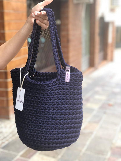 Scandinavian Style Handmade Crochet Tote Bag Long Handles Oxford Blue