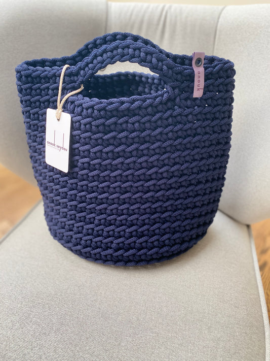 Scandanavian Style Handmade Crochet Tote Bag Oxford Blue Short Handles
