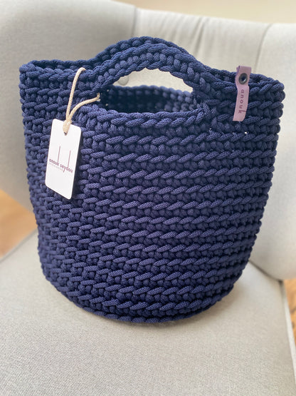 Scandanavian Style Handmade Crochet Tote Bag Oxford Blue Short Handles