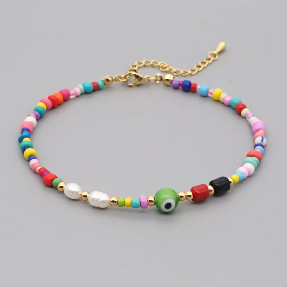 Multicolor Beads Evil Eye Anklet