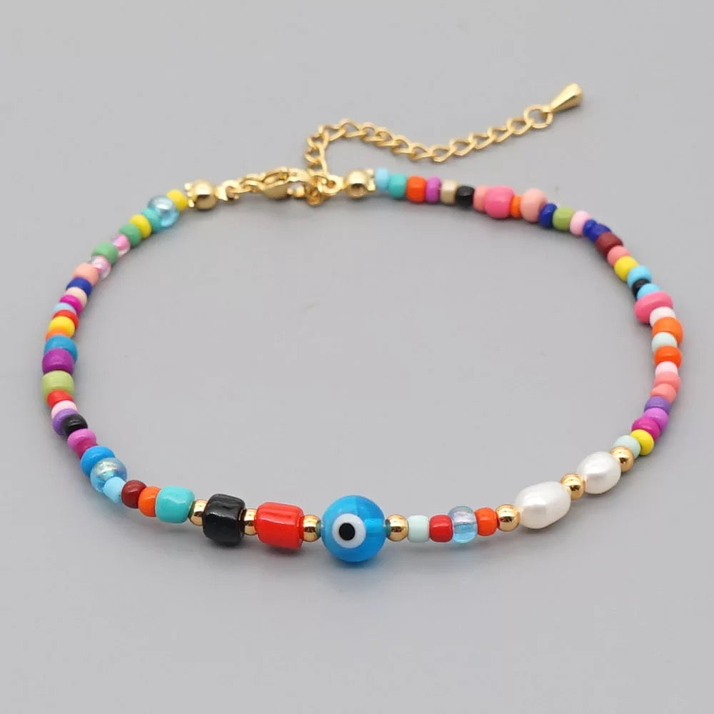 Multicolor Beads Evil Eye Anklet