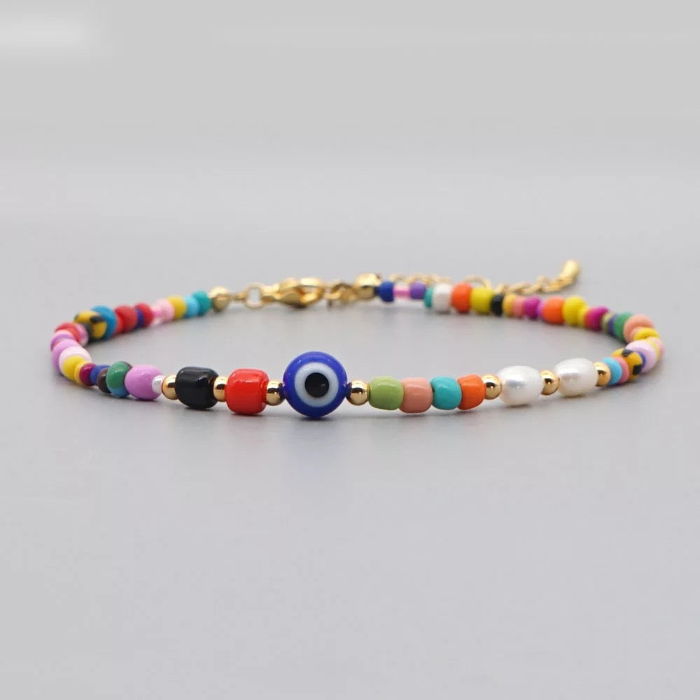 Multicolor Beads Evil Eye Anklet
