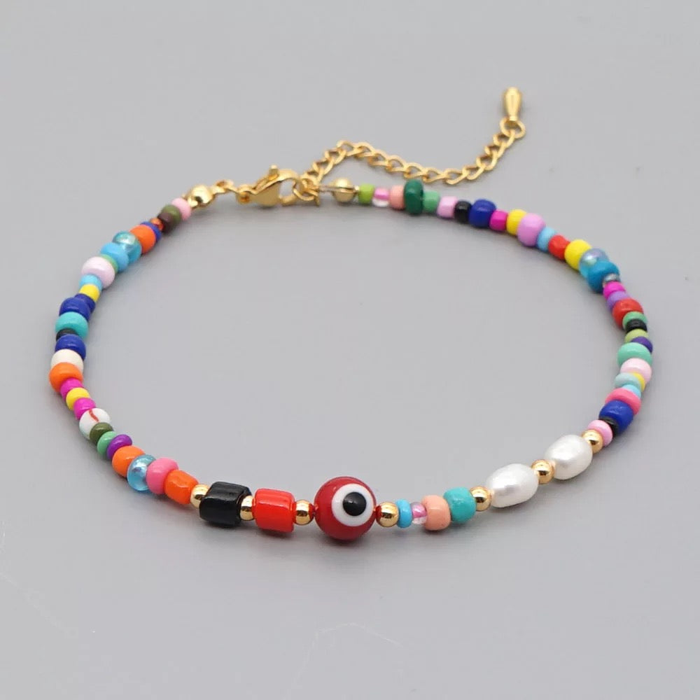 Multicolor Beads Evil Eye Anklet