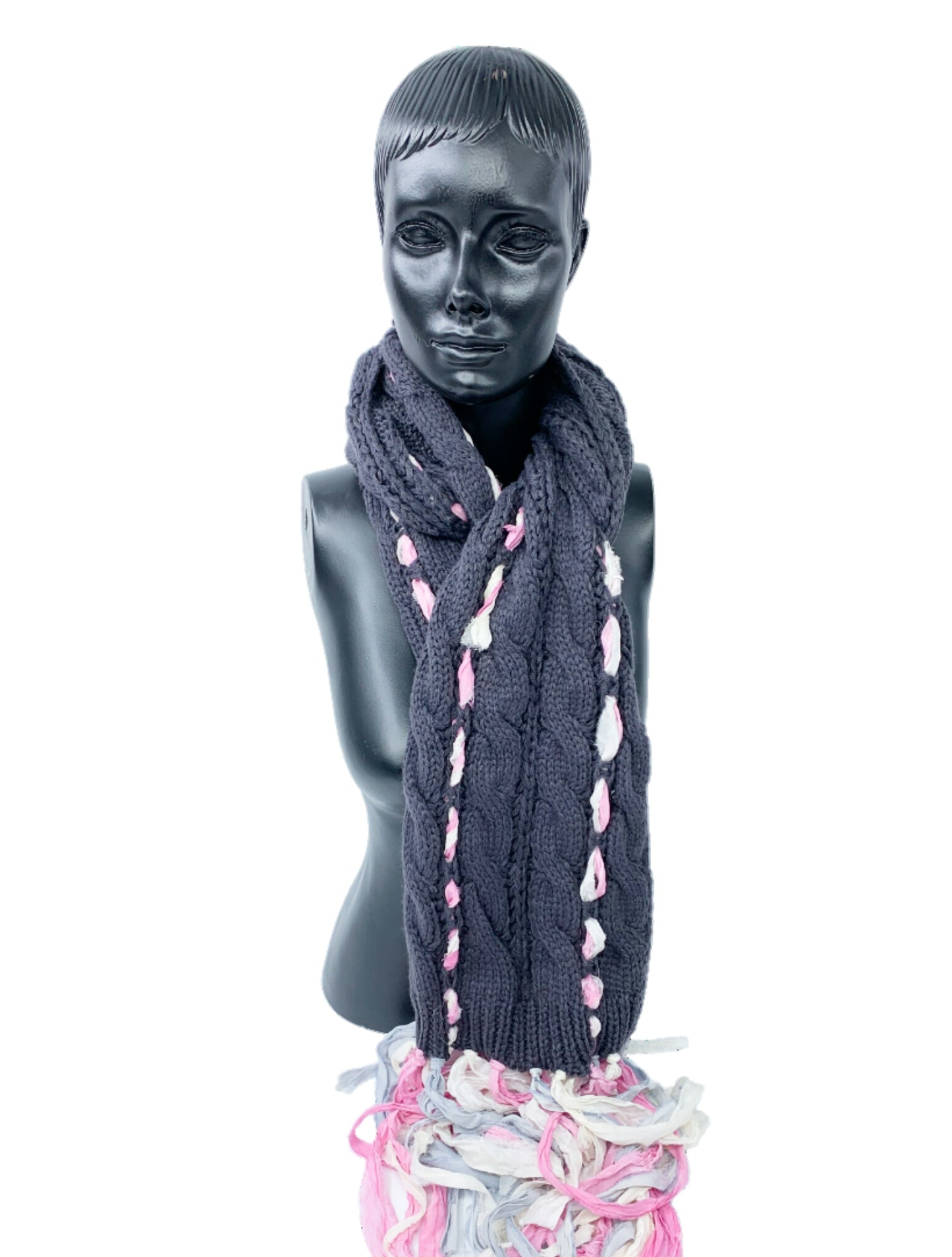 Upcycled Sari Ribbon Silk  on Knitted Cable Scarf/ Boho Scarf
