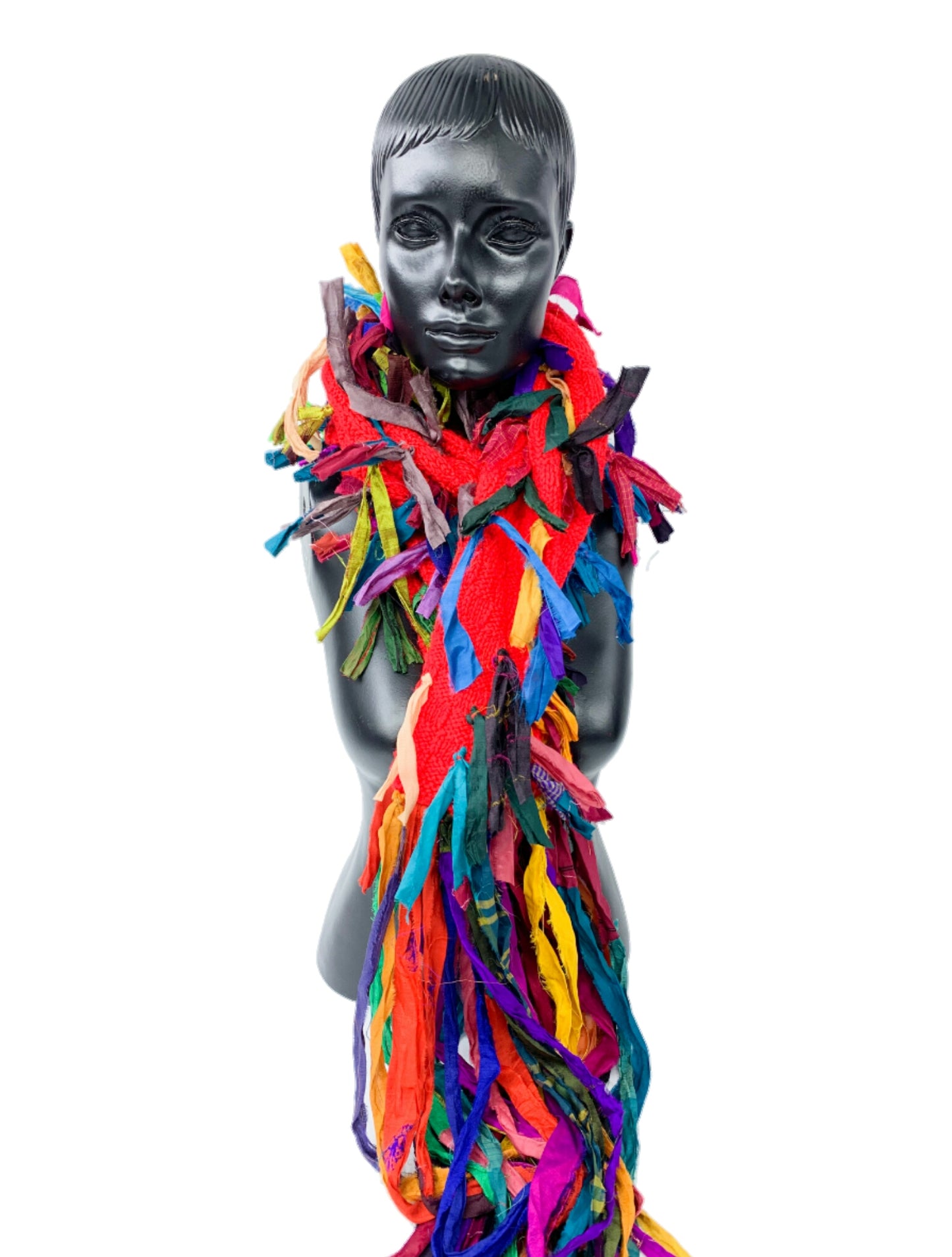 Upcycled Sari Ribbon Silk  on Knitted Cable Scarf/ Boho Scarf