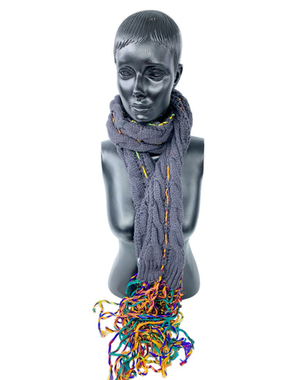 Upcycled Sari Ribbon Silk  on Knitted Cable Scarf/ Boho Scarf