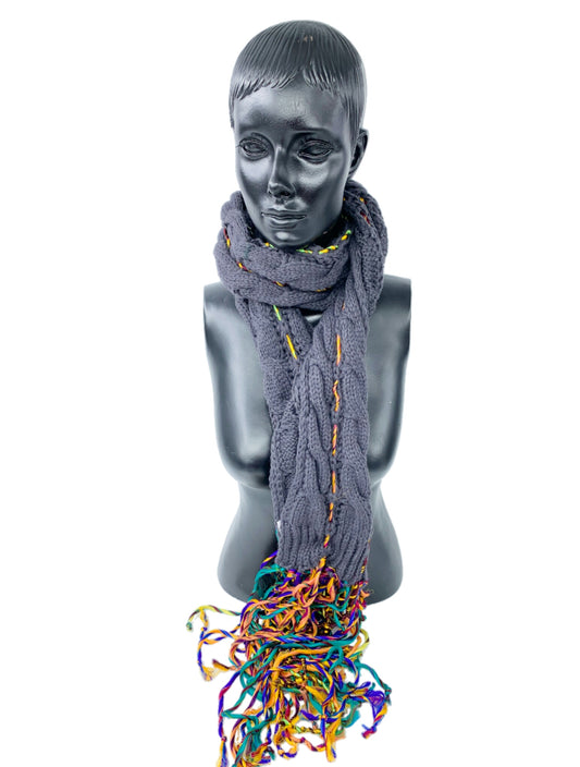 Upcycled Sari Ribbon Silk  on Knitted Cable Scarf/ Boho Scarf